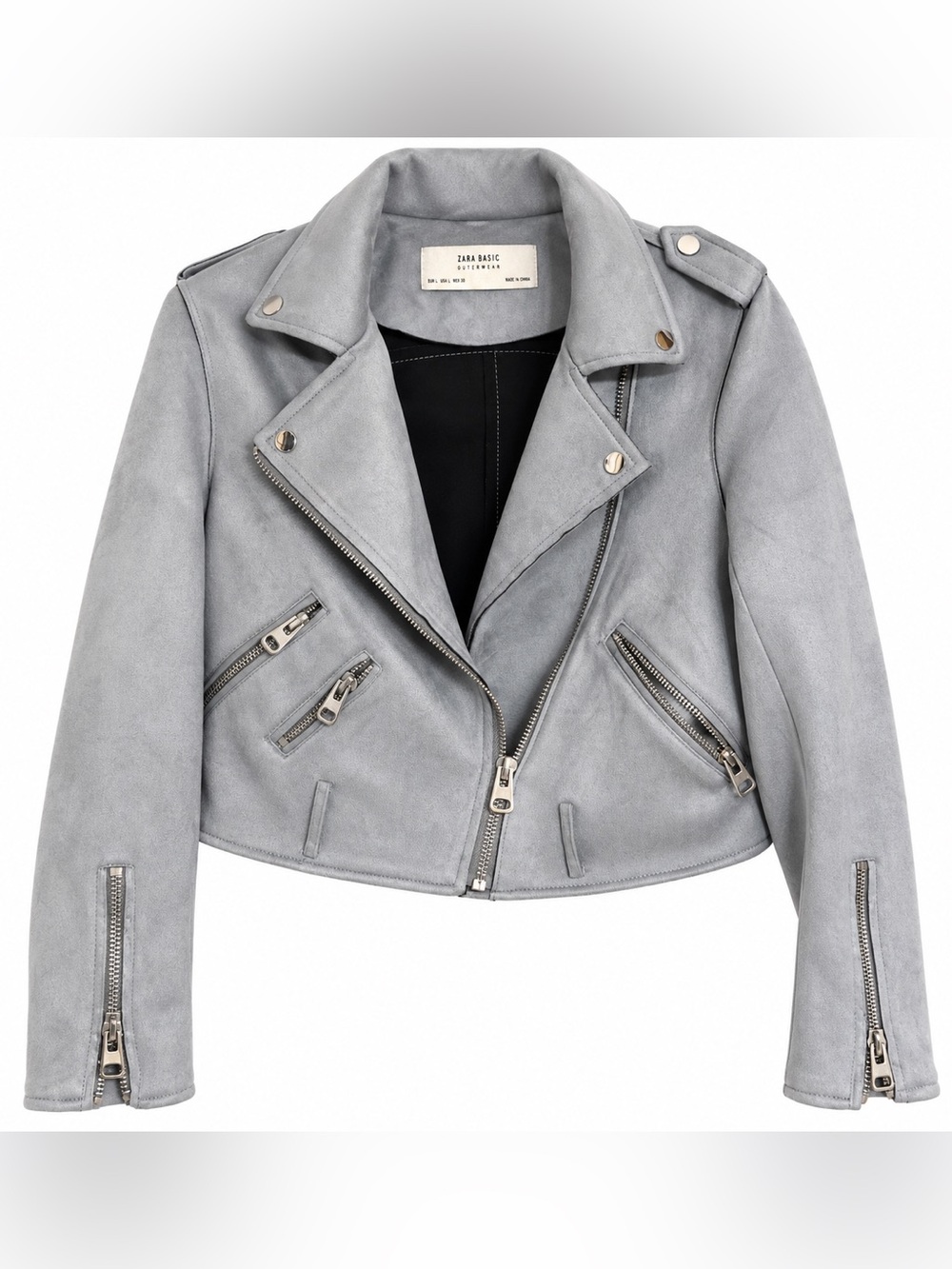 Zara Light Gray Suede Moto Jacket with Silver Hardware